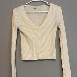 American Eagle Outfitters Cream Ribbed V-Neck Top